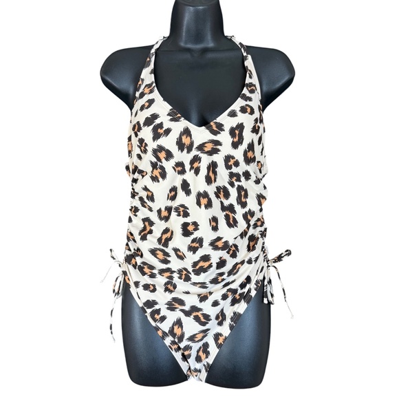 Kona Sol Leopard Print Tortoise Ring Racer Back One Piece Swimsuit Size Medium - Picture 4 of 16